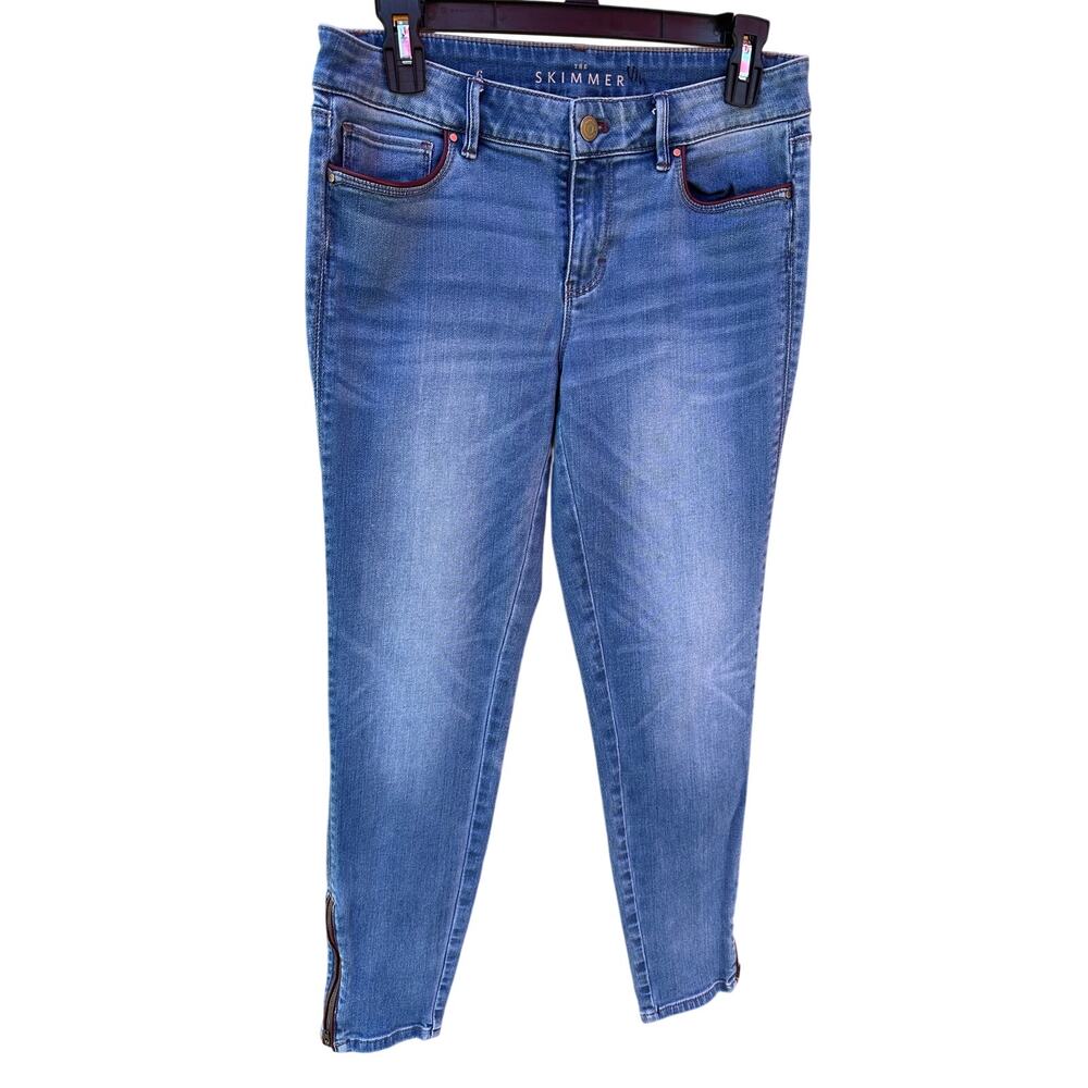 WHBM The Skimmer Jeans Size 6 Blue Ankle Zip Burgundy Trim Skinny Stretch